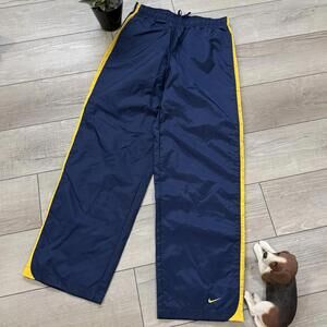 Y2K Nike Track Pants Navy Yellow Windbreaker Athletic Fleece Lined Men M Baggy